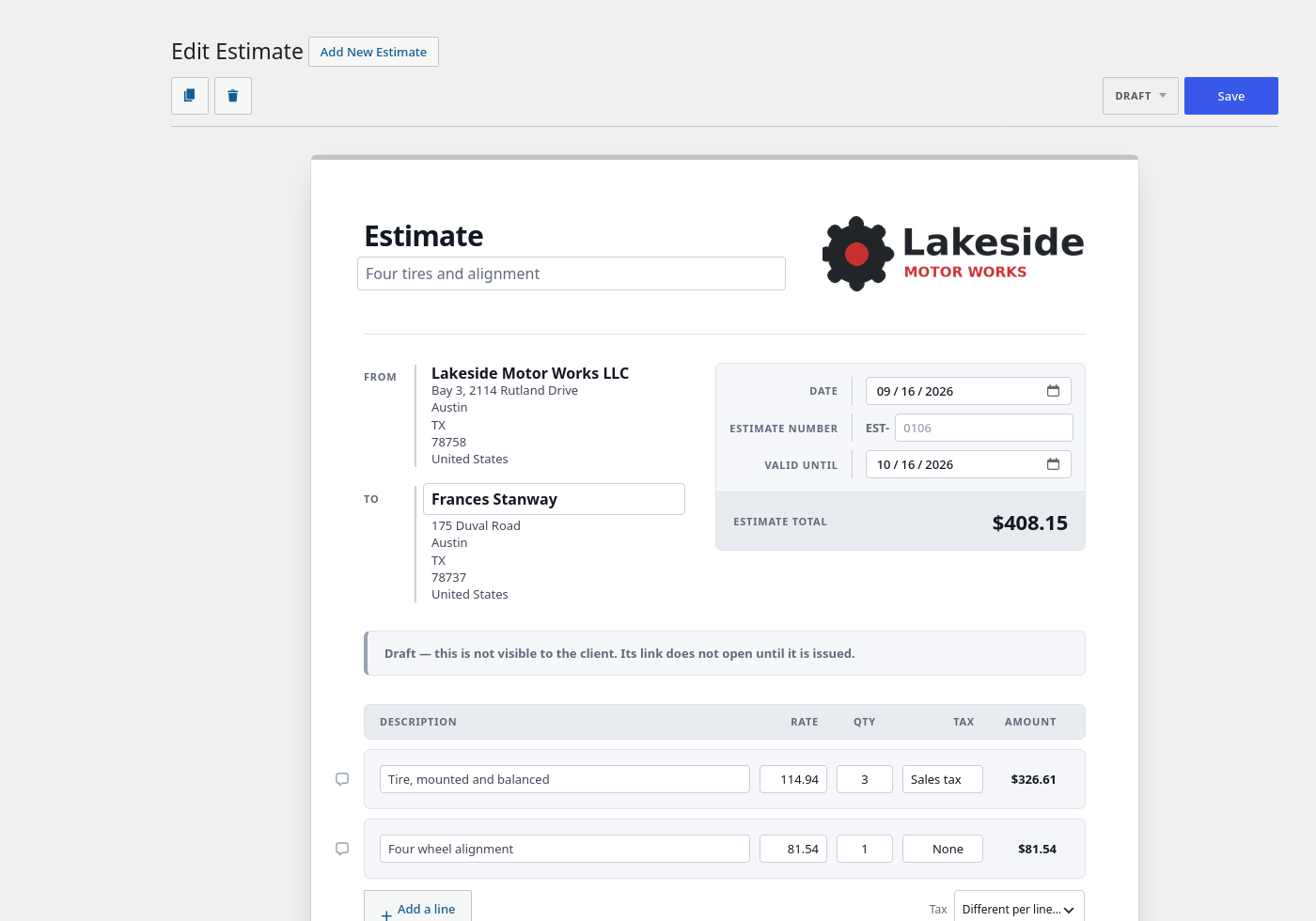 The estimate editor in the WordPress admin, laid out as the finished document.