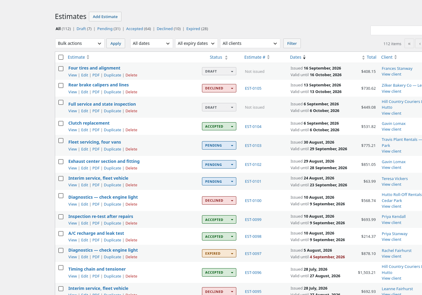 The estimates list in the WordPress admin, with statuses, totals and clients.