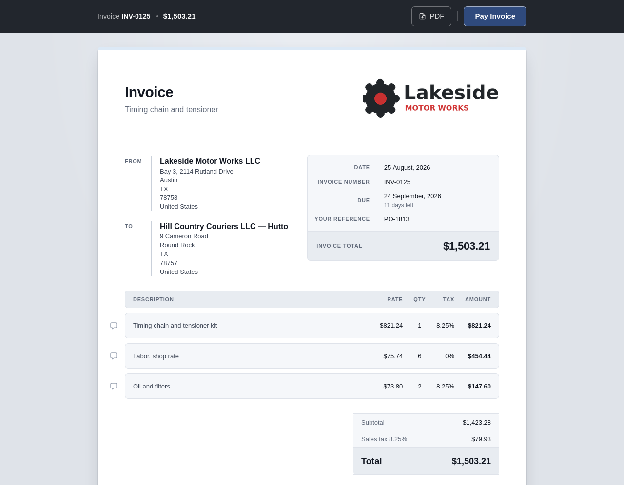 An invoice as the client sees it: the business's own letterhead, itemised lines, VAT, and a Pay Invoice button.